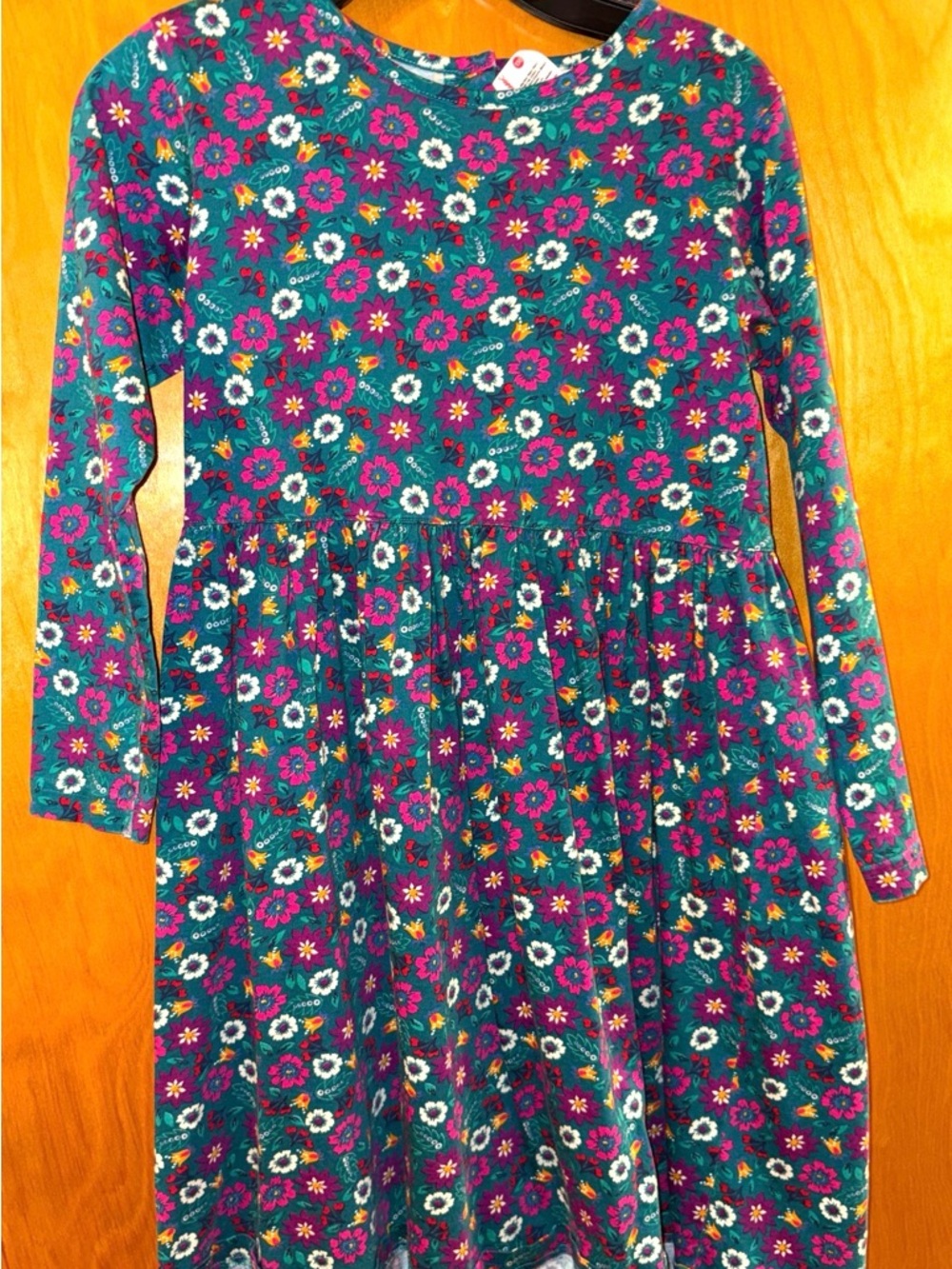 Hanna Anderson Teal Floral Long-Sleeve Dress with Pink & White Blooms 130 *flaw*